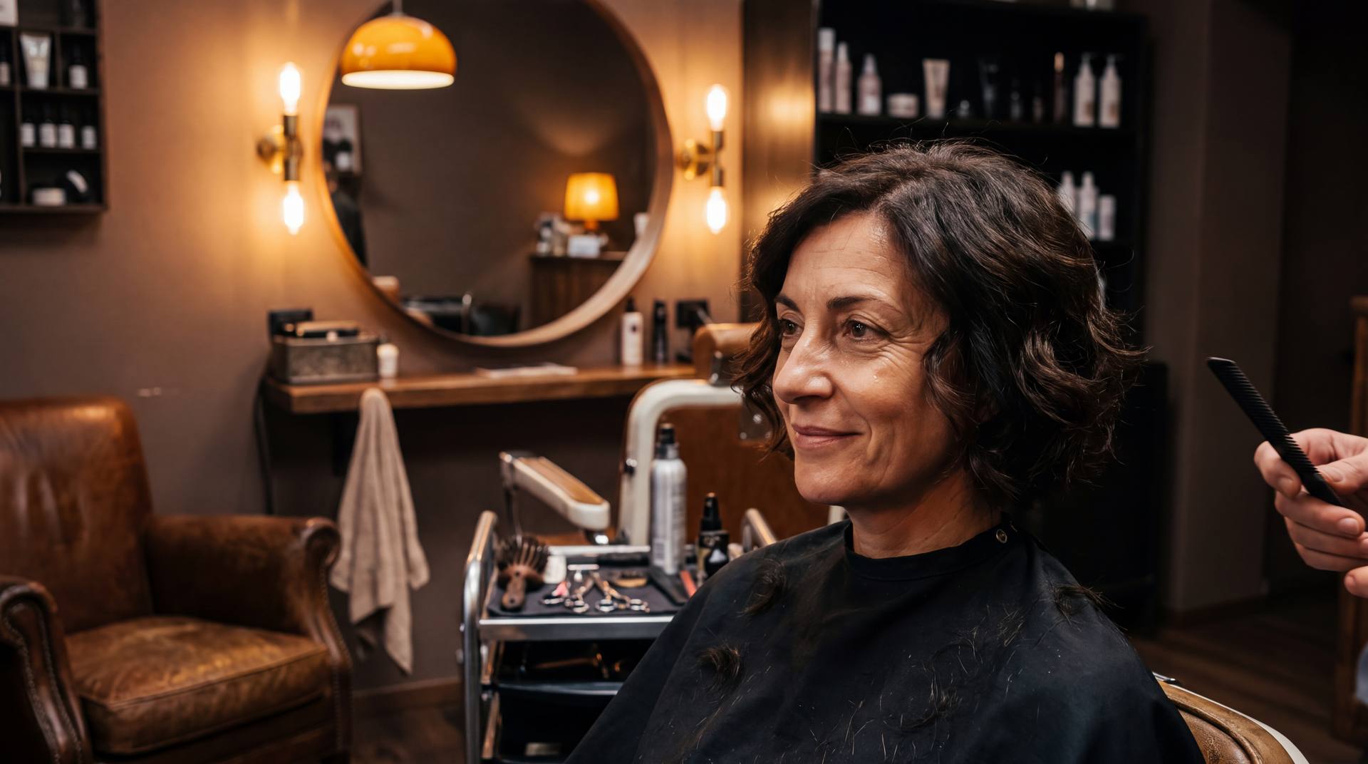 Cliente sorridente sulla poltrona di un salone, con il taglio appena finito e lo specchio illuminato alle spalle