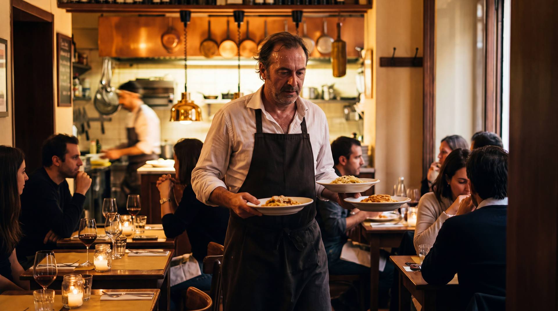 Sala di una trattoria la sera: un cameriere porta i piatti ai tavoli, la cucina a vista illuminata alle sue spalle